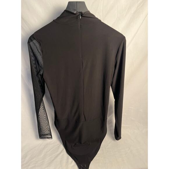 DKNY Black Mesh Sleeve Bodysuit Size M NWT Long Sleeve Mock Neck Sexy - Picture 4 of 7